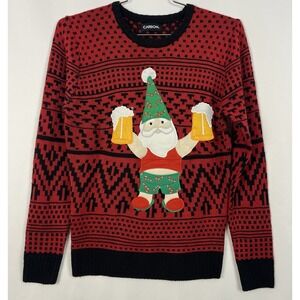 Ugly Christmas Sweater Red/Black Elf Santa Beer Mugs Unisex Small Holiday Cheer